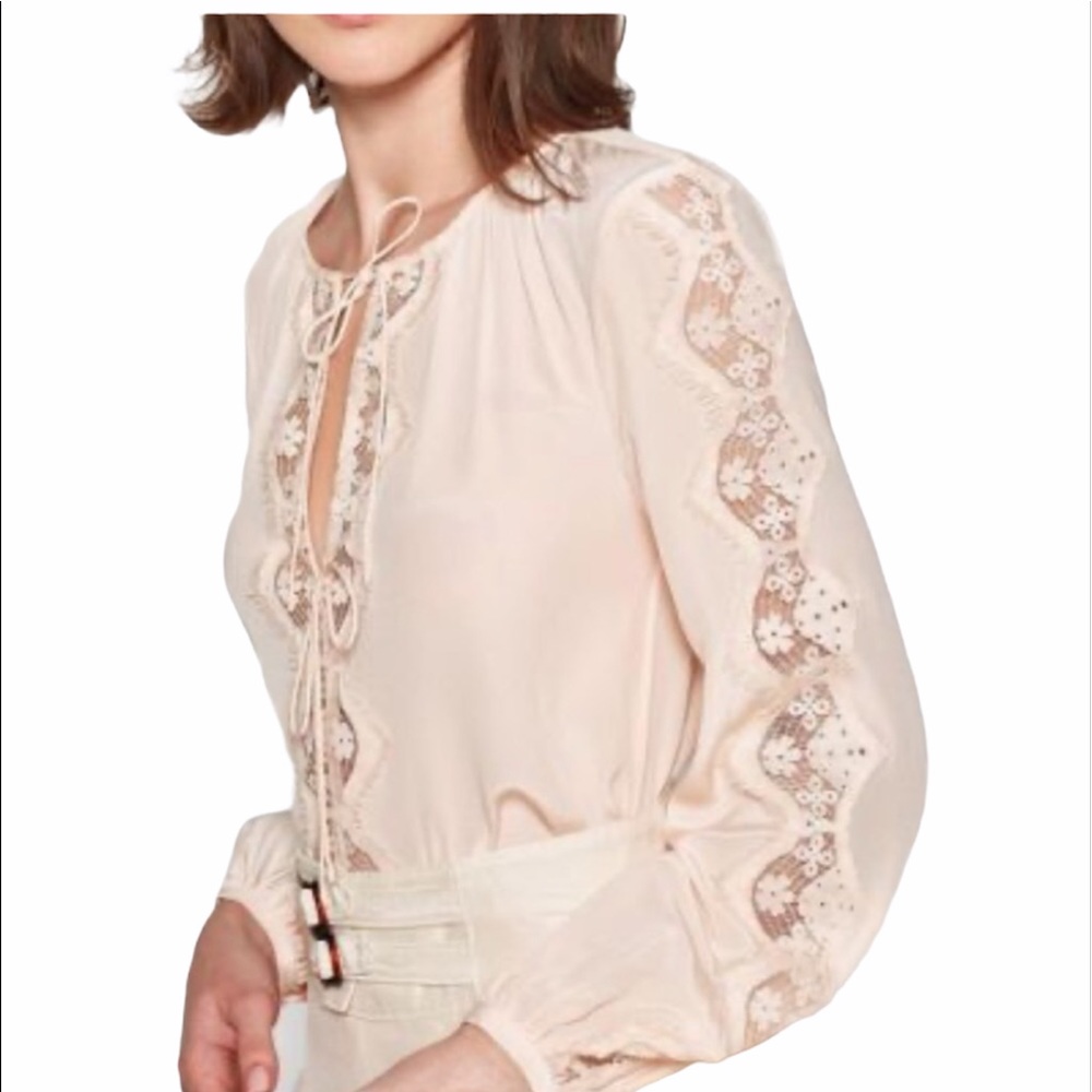 Joie Bernabas Lace Trim Blouse 100% Silk Large - Picture 2 of 9
